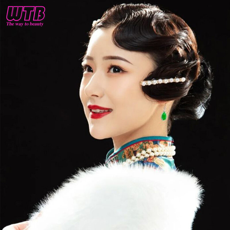 WTB-Perruque frange synthétique pour femme, frange ondulée poussée à la main, coiffure bouclée rétro, accessoires pour cheveux