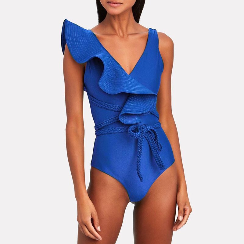 New Plus Size Swimwear Women 2023 Luxury Sexy One Piece Swimsuits Deep-V Micro Bikini Shoulder Solid Ruffled Beach Bathing Suit