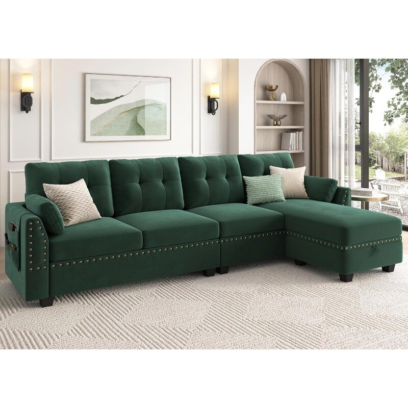 Sofá seccional Convertible de terciopelo, sofá en forma de L con almacenamiento, otomano, Reversible, para espacio pequeño