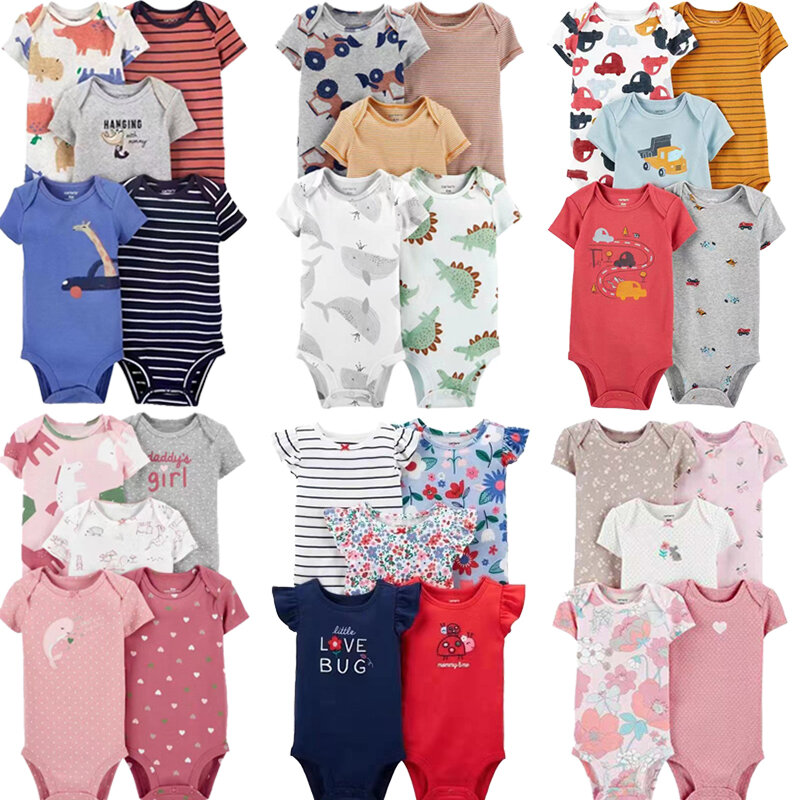 Bodysuits dos desenhos animados do bebê recém-nascido, manga curta, listra, 100% algodão, roupas de bebê, macacão, recém-nascido Body Clothing, meninos e meninas, 6-24M, 5PCs, novo