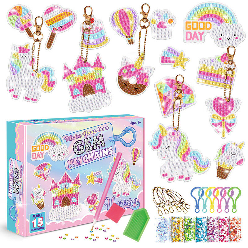Gem Diamond Painting Art Kits for Kids Cute Stickers with Keychain DIY Tools and Crafts Supplies for Girls Children Ages 6-12