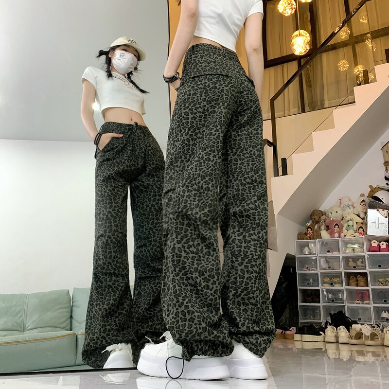 Calças largas de leopardo femininas, calças vintage grandes, streetwear Y2K, calças estéticas de harajuku coreanas, roupas japonesas, estilo anos 2000