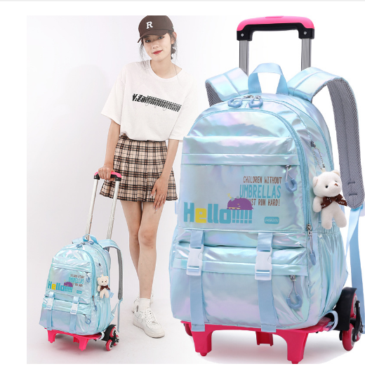 女の子のための学校のカートのバックパック,車輪付きのランドセル,ブックバッグ