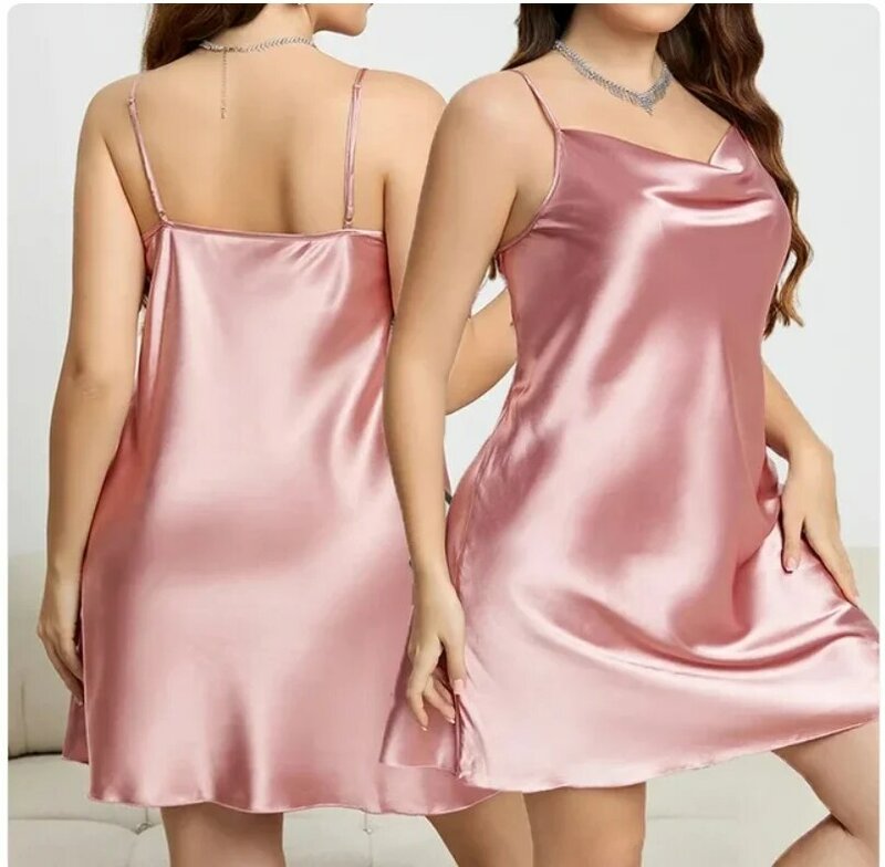Large Size 3XL 4XL 5XL Female Nightgown Sexy Suspender Nightdress Pink Chemise Sleepwear Bathrobe Loose Satin Home Dressing Gown