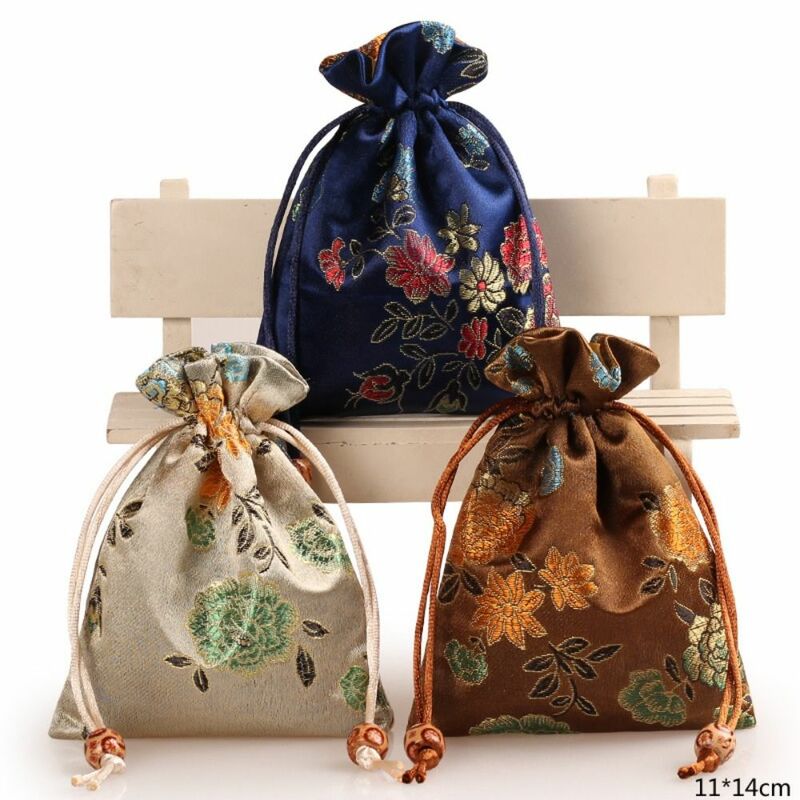 Bolsa con cordón de flores bordadas de estilo chino, monedero, bolsa de dulces, bolsa de embalaje de joyería, bolsa de cubo, billetera pequeña de estilo étnico