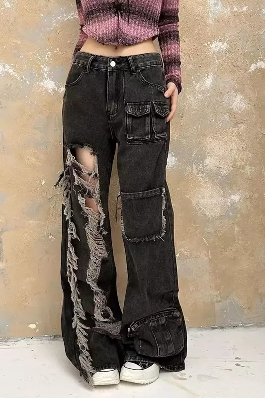 Женские мешковатые джинсы-карго Y2k в стиле Харадзюку 1920-х, в стиле панк, рваные джинсовые брюки, винтажная одежда в стиле эмо