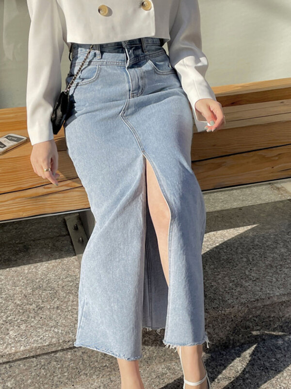 Koreaanse Vrouwen Split Vintage Blue Denim Rok Pocket Hoge Taille Halverwege De Kuit Rokken 2023 Zomer Nieuwe Mujer Faldas h129