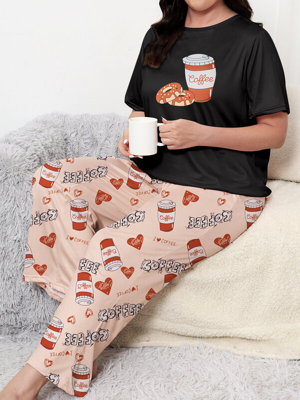 Conjunto de pijama de talla grande, adecuado para uso doméstico e informal, con mangas cortas y pantalones largos, talla grande 1-5XL