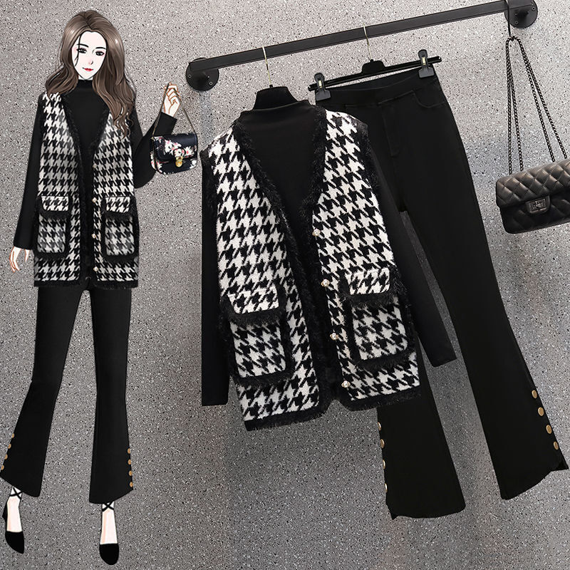 2022 Spring New Vest Sweater Coat High Waist Flared Pants Three Piece Elegant Women's Suit Office Casual Clothes Trouser Suits