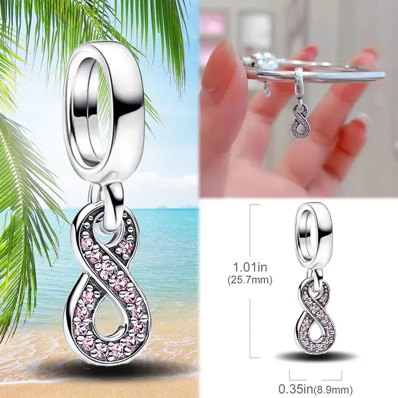 925 Sterling Silver Summer Pink Diamond Infinite Love Pendants Fit Pandora Women Charms Original Bracelets New DIY Jewelry Gifts