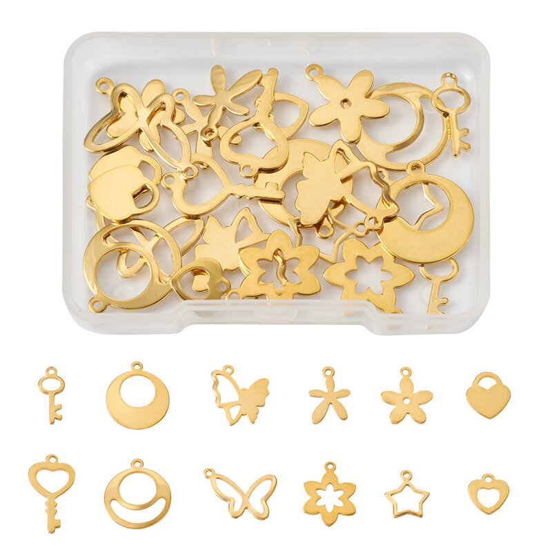 Colgantes de acero inoxidable 201 para fabricación de joyas, dijes de Metal con forma de corazón, estrella, llave, mariposa y flor, para collar y pulsera, 24 piezas
