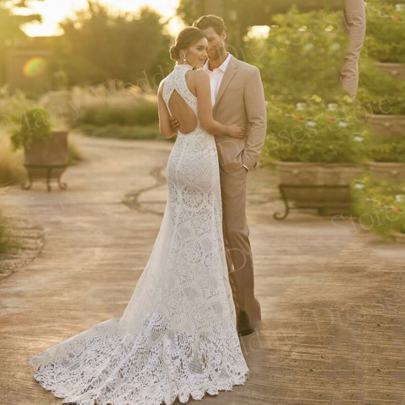 Bohemian High Neck Mermaid Exquisite Wedding Dresses Charming Lace Appliques Bride Gowns Sleeveless Backless Sexy Robe de Mariée
