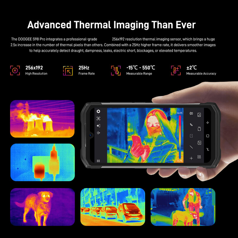 DOOGEE S98 Pro 6.3" FHD Thermal Imaging Camera 20MP Night Vision Helio G96 Octa-Core 8GB+256GB 33W Fast Charge 6000mAh