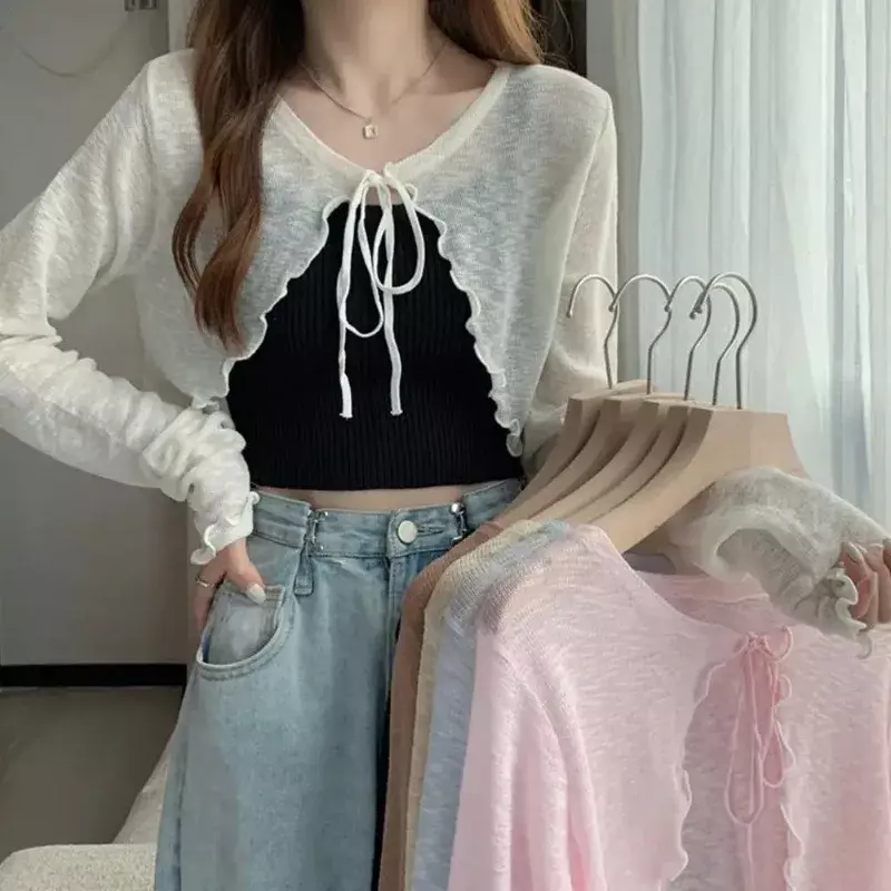 Summer Thin Outerwear Sun Protection Cardigan Ice Silk Knit Women Tops Bow Lace Up Short Suspender Skirt Shawl Airable Shirt