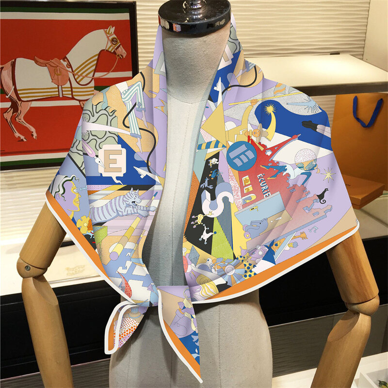 Cachecol de seda com estampa de circo feminino, lenços quadrados, envoltórios, xale de praia, Lady Hijabs bandana, 90cm