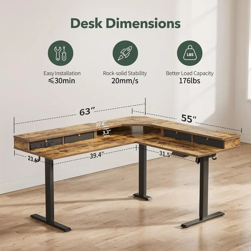 Fezibo โต๊ะพับได้รูปตัว L ขนาด63นิ้วพร้อมลิ้นชัก4อันโต๊ะเล่นเกมไฟฟ้าปรับความสูงได้อุปกรณ์เฟอร์นิเจอร์