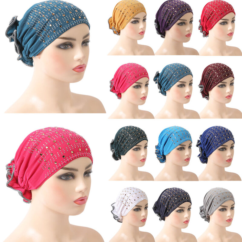 Flower Muslim Women Strech Hijab Bonnet Chemo Cap Inner Hats Turban Arab Cancer Bandana Islamic Beanies Headwrap Headcover Scarf