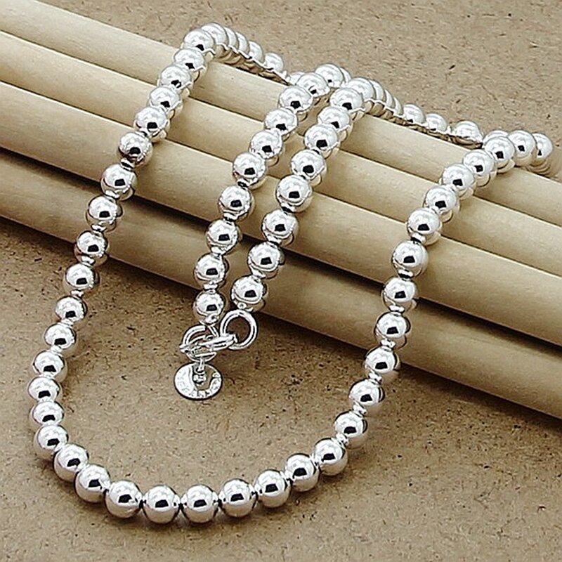 Andara-925 Sterling Silver Smooth Beads Ball Necklace para homens e mulheres, jóias da moda, 4mm, 6mm, 8mm, 10mm
