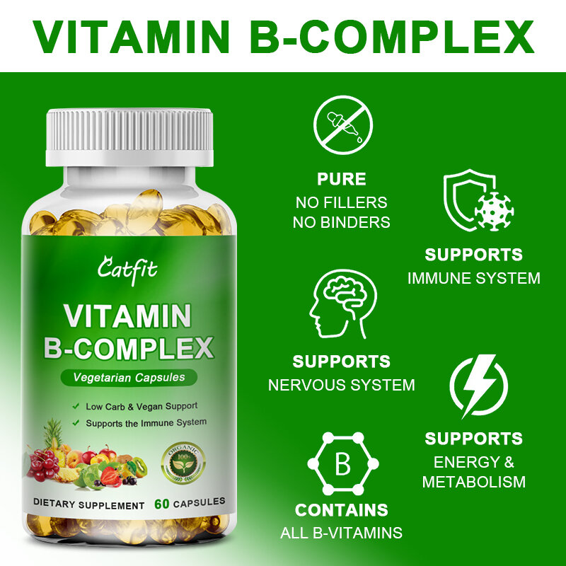 Cápsula do Complexo Vitamínico B, Suplementos vitamínicos, B12 B1 B2 B3 B5 B6, Ácido fólico e biotina, Suporte à saúde imunológica, Metabolismo energético