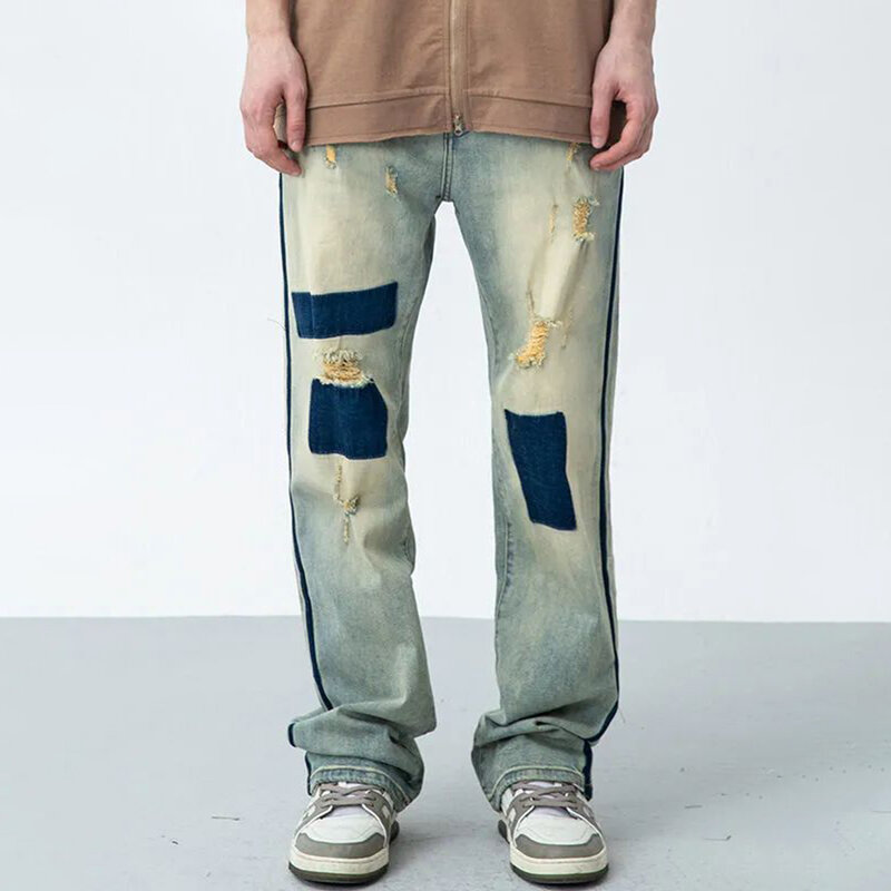 High Street Tide Brand American Retro Old Patch Ripped Jeans Men's Loose Contrasting Color Straight Leg Showing High Long Pants