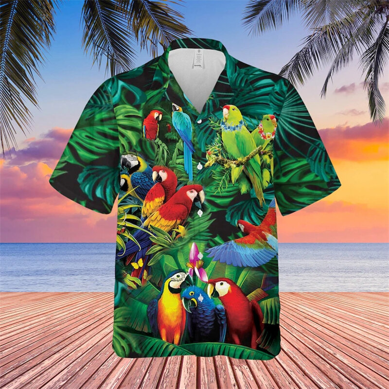 Camisas de praia floral masculina estampada pato, blusa unissex lapela, vocacional havaiana, moda casual, verão