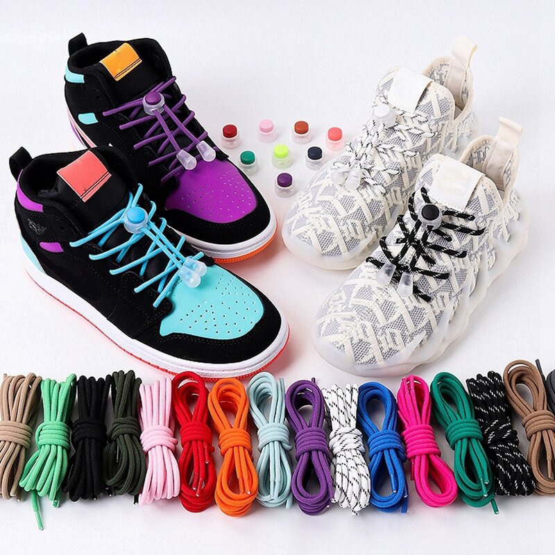 남녀공용 탄성 스냅 잠금 라운드 신발끈, 끈이 없는 어린이용 신발 끈, 고정 아티팩트, 레이지 신발끈, 26 가지 색상, 1 쌍