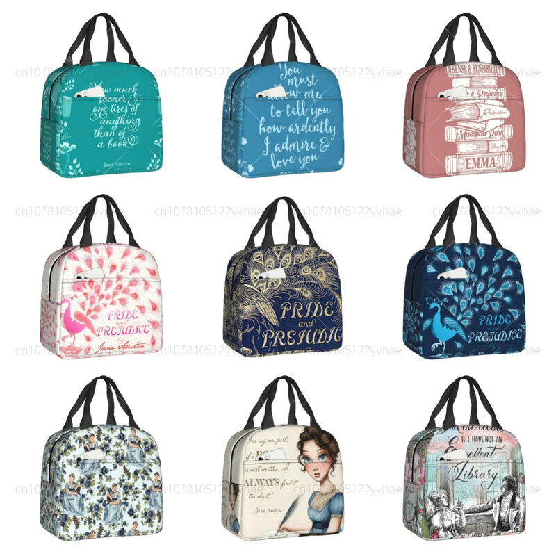 Pride And forcement Peacock Feather Portable Lunch Box Women Waterproof Jane Austen Thermal Cooler Food Insulated Lunch Bag