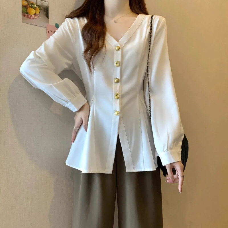 Blus gaya Korea lengan panjang wanita, pakaian kardigan kasual leher V longgar, blus Solid mode elegan Musim Semi dan Gugur