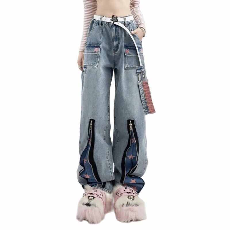Jeans americanos de rua alta para mulheres, design estampado com estrelas, solto e fino, perna reta, calças de perna larga, primavera e outono, novo