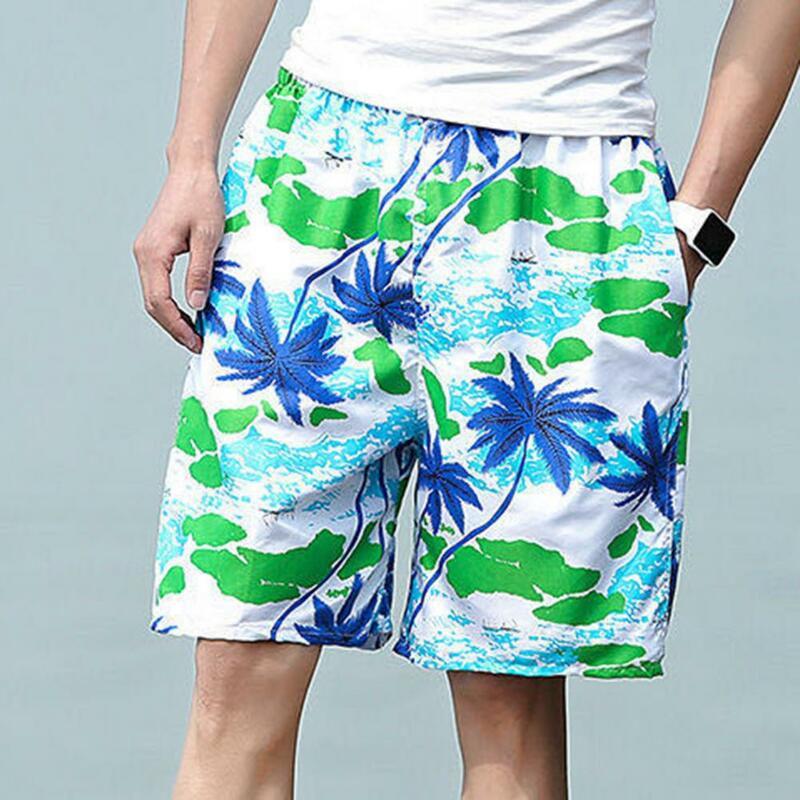 Shorts de praia estampados em árvore tropical masculino, fino, secagem rápida, perna larga, casacos casuais, verão