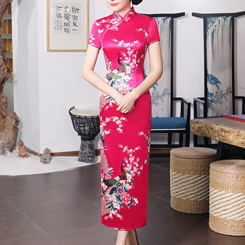 Vestido cetim monocromático com estampa floral para mulheres, poliéster cheongsam, sem elasticidade, compras casuais, primavera, 1pc