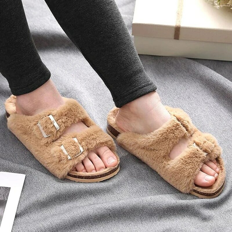 Shevales Fuzzy pantofole donna Cork Footbed Fluffy Slide Sandals Open Toe Indoor House Shoes con supporto per arco fibbia regolabile