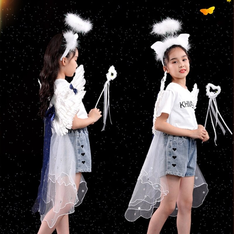 Kid Angel Vleugels Meisjes Fairy Vleugels Met Tulle Trailing Sluier Strik Prinses Veer Vleugels Halloween Party Dress Up Prop