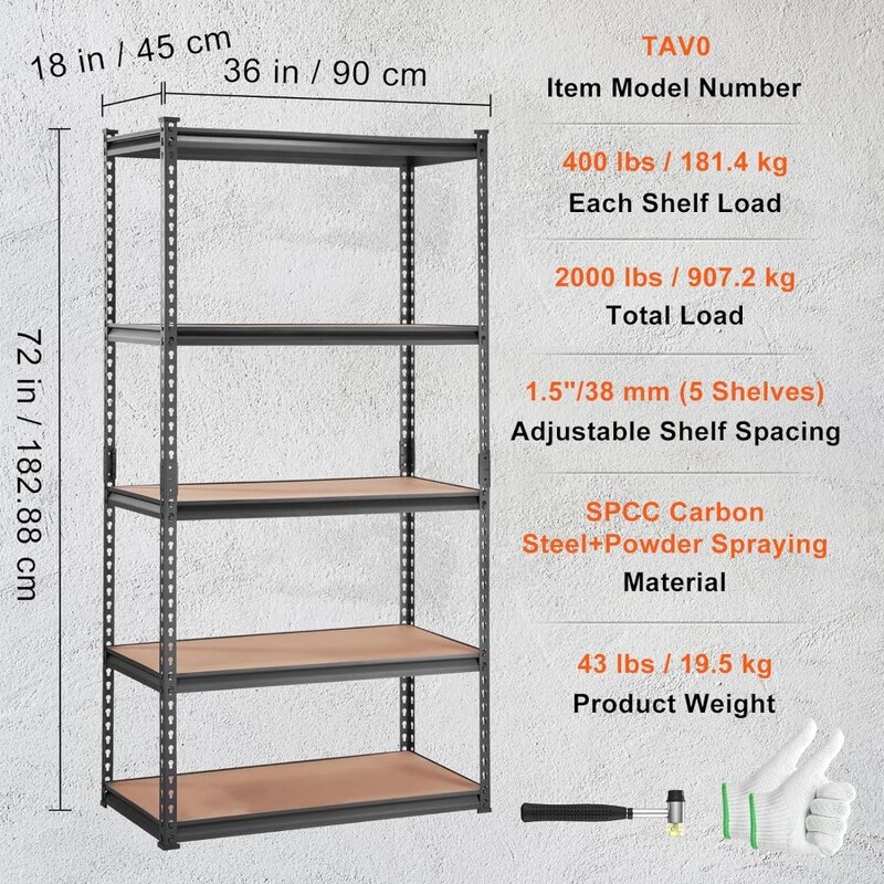 VEVOR Storage Shelving Unit, 5-Tier Adjustable, 2000 lbs Capacity, Heavy Duty Garage Shelves Metal Organizer Utility Rack