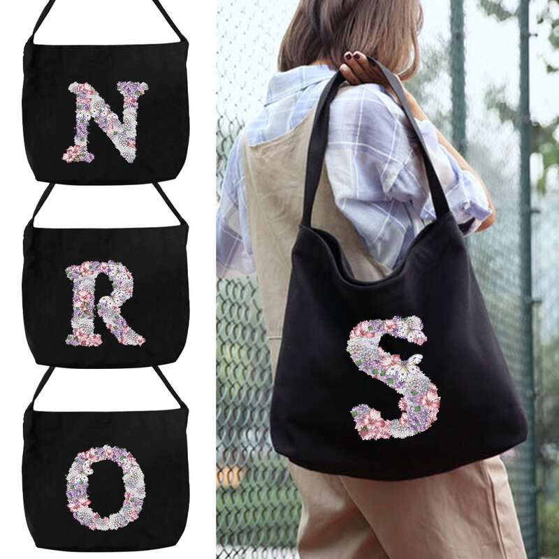 Bolsa de ombro multifuncional portátil, lona minimalista, bolsa de viagem reutilizável, série padrão flor rosa, moda
