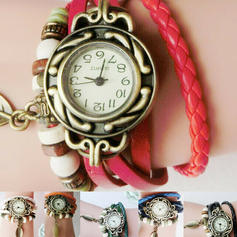 Hot Fast 2022 Women Children Retro Leatherwinding Bracelet Leaf Pendant Watch Quartz Wristwatcheses Women Valentine Gift Luxury