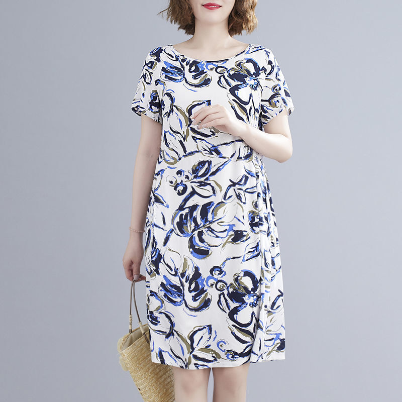Женское платье с коротким рукавом, универсальное офисное платье свободного покроя с круглым вырезом и цветочным принтом, лето 2024