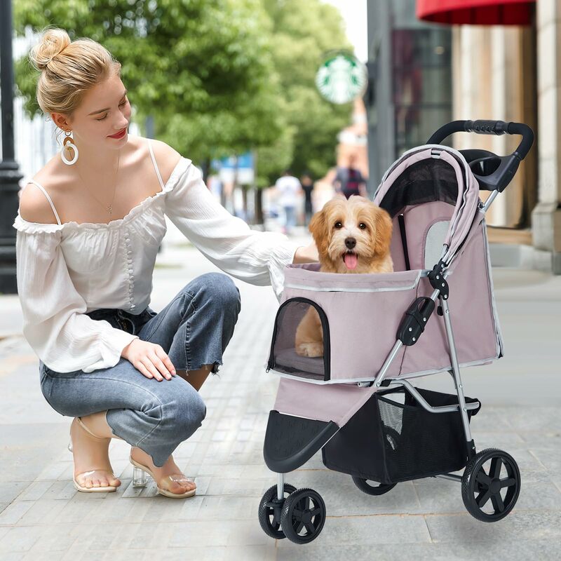 Encantadora Expedición de mascotas rosa: cochecito de mascotas para perros medianos/pequeños, de 3 ruedas plegable Jogger, jaula, cesta
