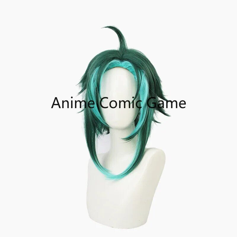 Peluca corta de Genshin Impact Xiao para hombre y mujer, pelo sintético resistente al calor para disfraz de Cosplay, color verde oscuro, ideal para fiesta de Carnaval