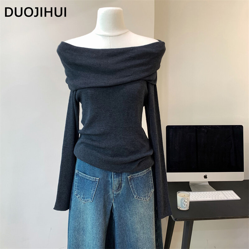 DUOJIHUI French Sweet Chic Slash Neck Sweater Women Pullovers Autumn Sexy Basic Pure Color Fashion Slim Knitted Female Pullovers