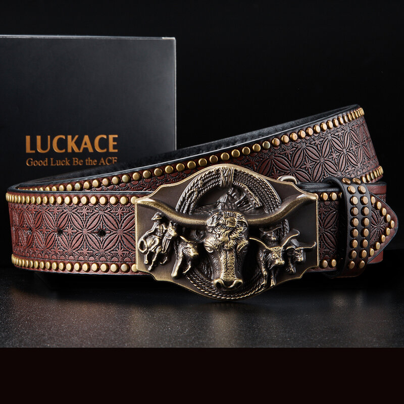 LUCKACE Vintage Design Mens Western Cowboy Belt Handmade Stylish Embossed Belt Good Gift for Husband Father Boyfriend Brothers