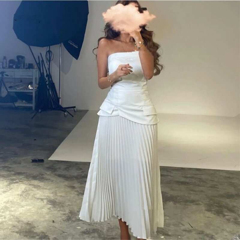 Romantic White A-Line Saudi Arabic Off Shoulder Evening Party Dresses Strapless Pleats Ankle Length Prom Formal Gowns 2024