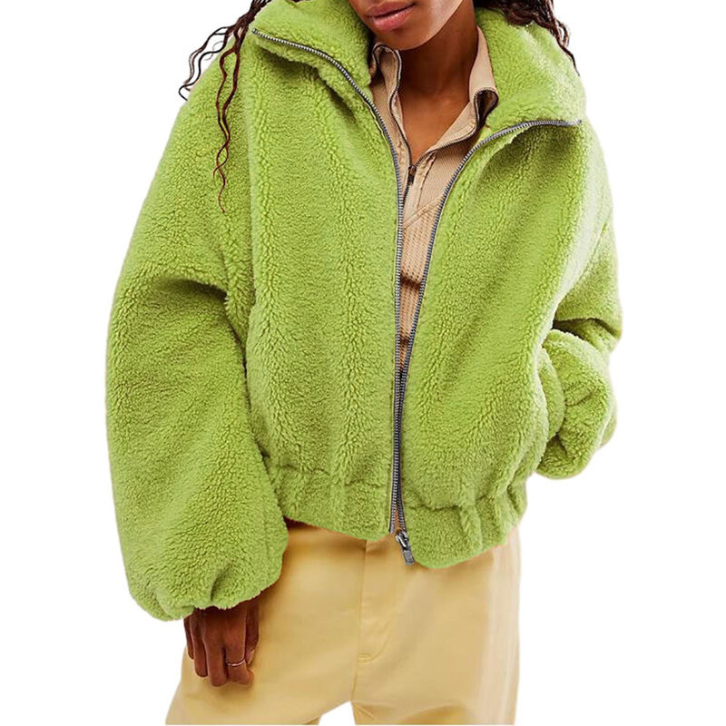 Chaqueta informal de piel sintética para mujer, abrigo de lana de gran tamaño con solapa de Color sólido, manga larga con cremallera, ropa de calle cálida, Otoño e Invierno