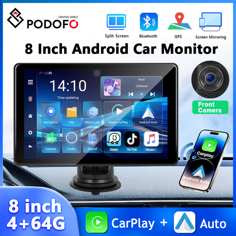 Podofo Android 8Inch Car Monitor 4+64G Dashboard Dash Camera WIFI Carplay Android Auto GPS Night Vision BT Smart Screen Player