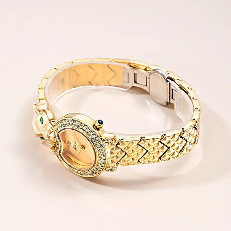 高級ヒョウ18 18kゴールドメッキ腕時計女性のためのエレガントなレディースクォーツ時計ブリンブリンアイスアウトダイヤモンド女性腕時計レロジオfeminino