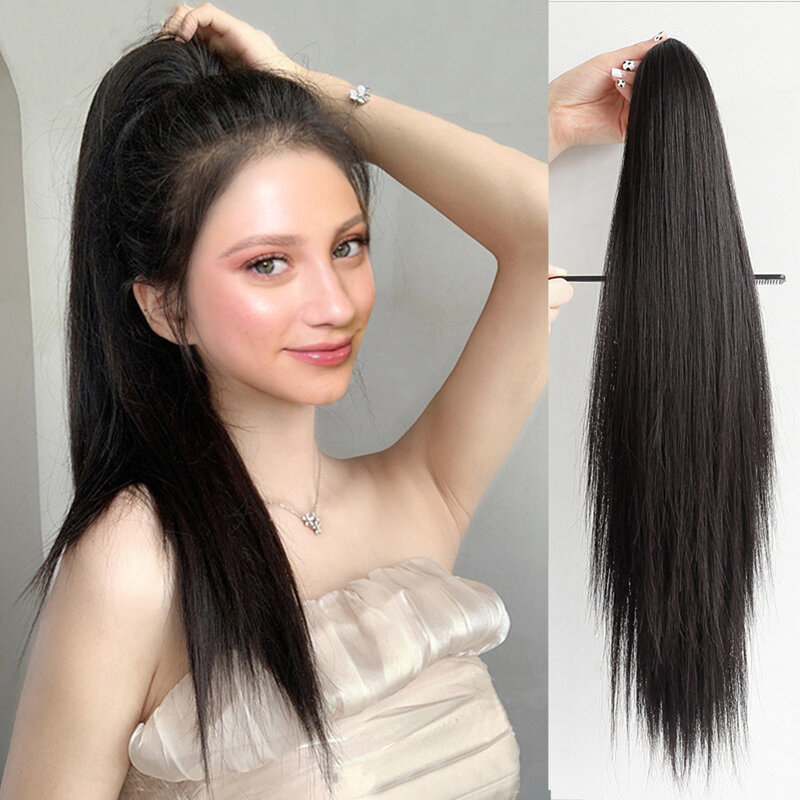 WTB-peruca de rabo de cavalo sintético para mulheres, cabelo reto longo feminino, realista natural, rabo de cavalo falso