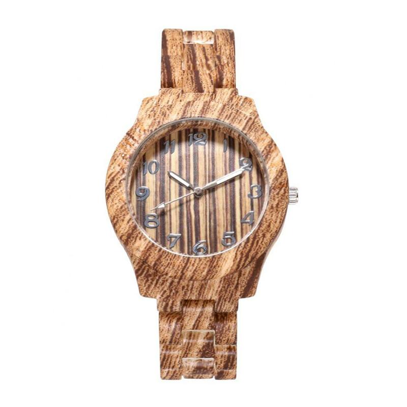 女性の木製グレインラウンドダイヤルクォーツ腕時計、arabic番号、樹脂バンド、アナログ