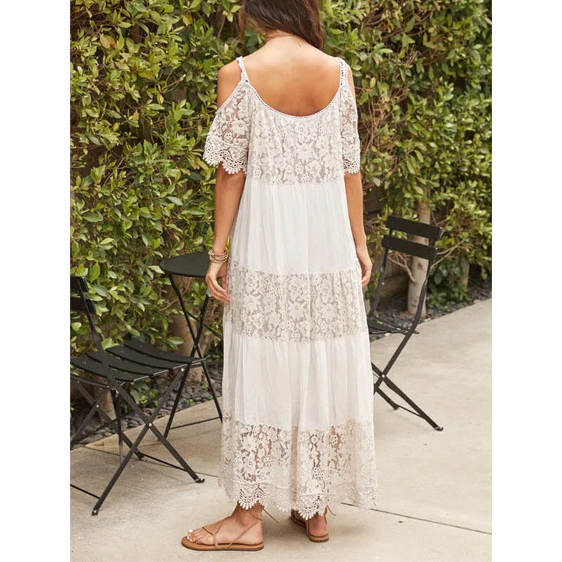 Gaun pantai renda putih gaun A-line Boho berongga leher V musim panas wanita gaun Mini liburan bordir elegan mode Vestidos