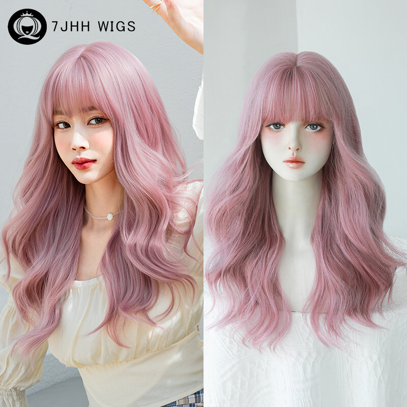 7JHH WIGS Purple Pink Wigs with Neat Bangs High Density Synthetic Loose Body Wave Hair Wig for Women Daily Use Heat Resistant