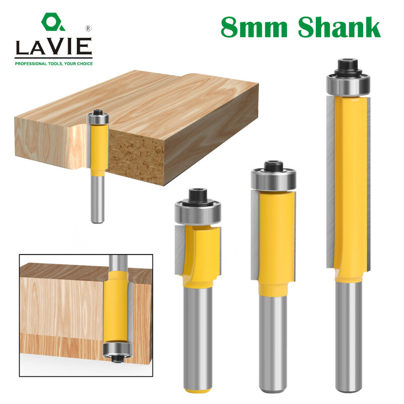 LAVIE 8mm Shank Long Blade Flush Trim Router Bit With Bearing For Wood Template Pattern Bit Tungsten Carbide Milling Cutter